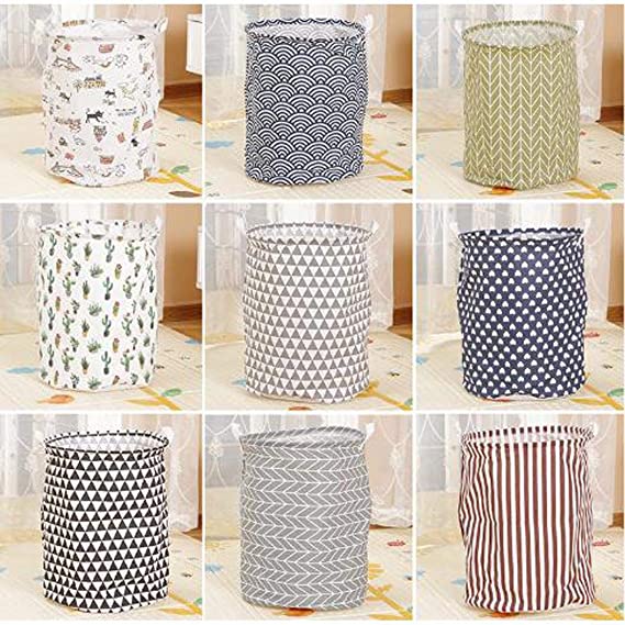 Whatyiu 17.7 Inches Waterproof Coating Cotton Fabric Folding Laundry Hamper Bucket Cylindric Burlap Canvas Storage Basket