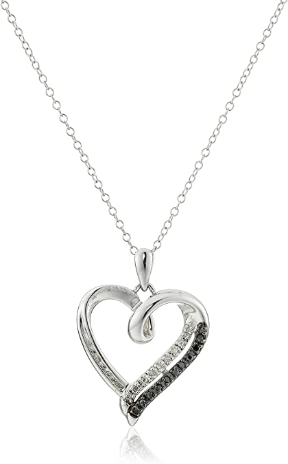 Sterling Silver Black & White Round Diamond in Heart Pendant (1/10 cttw)
