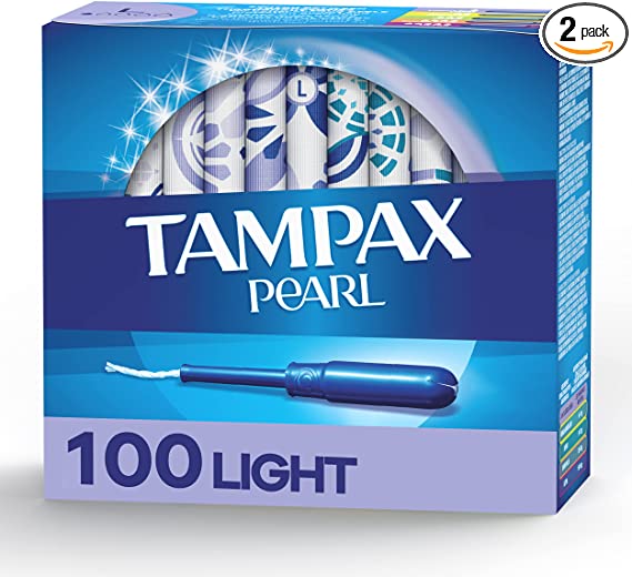 Tampax Pearl Tampons Light Absorbency, 100 Count, BPA-Free Plastic Applicator and LeakGuard Braid, Unscented, 50 Count, Pack of 2 (100 Count Total)