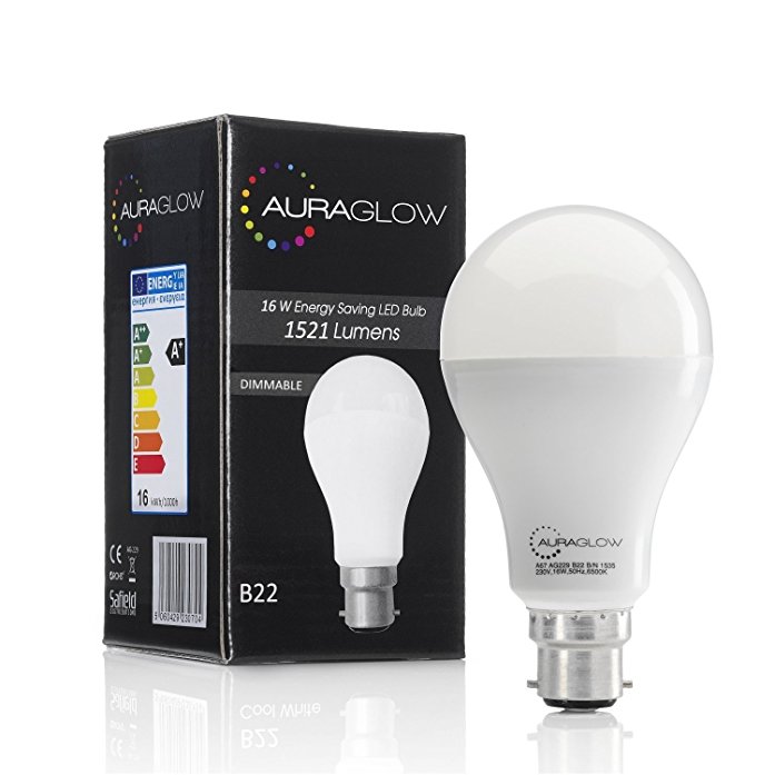 AURAGLOW Super Bright 16w LED B22 Bayonet Light Bulb, Warm White, 3000K - 1521 Lumens - 100w EQV - Dimmable