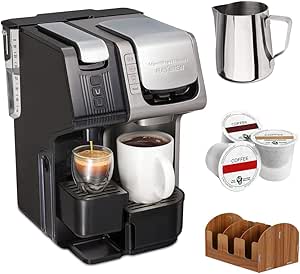 Hamilton Beach 49930 FlexBrew 3-in-1 Coffee/Espresso Maker with 19-Bar Pump Bundle with Deco Gear 12 oz. Milk Frothing Pitcher, 3 Single Serve Brew Cups and Coffee Condiment Caddy Organizer