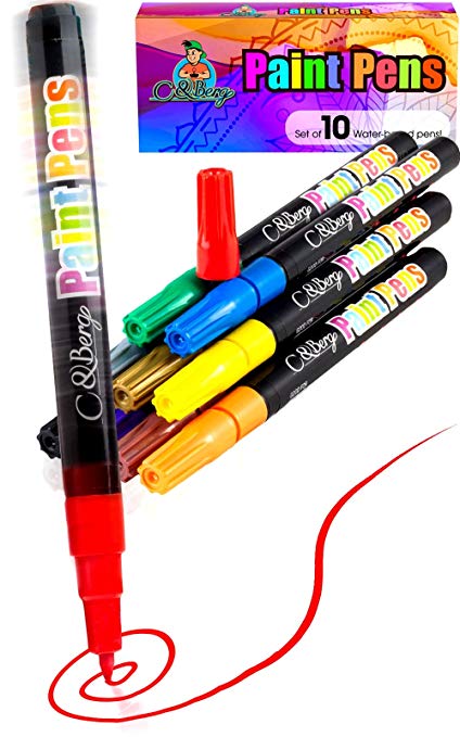 10 Paint Pens - Paint Marker Pens, Water Based Colors for Kids Adults, Sun - Water Resistant Fine Point, Paint on Rock, Wood, Glass, Ceramic, Metal, Clothes, Skin - Almost All Surfaces Model 2019
