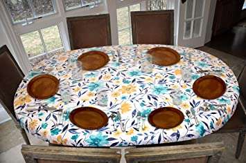 Covers For The Home Deluxe Elastic Edged Flannel Backed Vinyl Fitted Table Cover - Floating Floral Pattern - Oblong/Oval - Fits Tables up to 48" W x 68" L