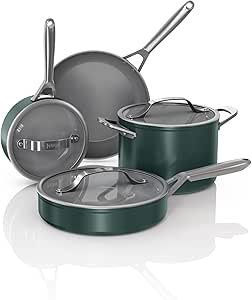 Ninja NeverStick Ceramic Pro 7-Piece Cookware Set, Non-Stick Pots, Pans, Glass Lids, Ceramic Coated, Stainless Steel Handles, Stove to Oven Safe, All Stovetops & Induction Compatible, Green, CW39007GN