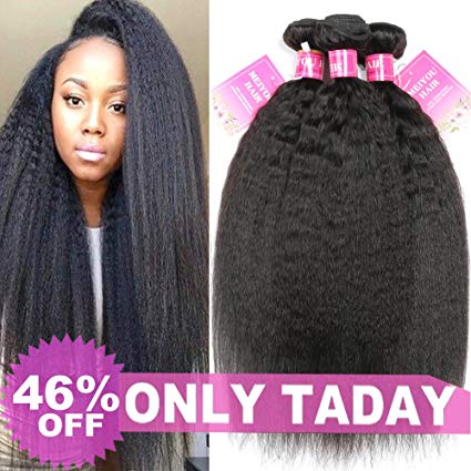 Mei You 8A Kinky Straight Hair 3 Bundles Yaki Human Hair Weave Unprocessed Brazilian Virgin Remy Sew in Hair Extensions Natural Black (12.14.16)