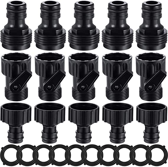 5 Sets Plastic Garden Hose Connector Female Male Repair Mender Kit with 5 Pieces Shut Off Valve and 10 Pieces 3/4 Inch Rubber Gasket for Hose Fittings and Adapters