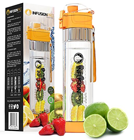 Infusion Pro Water Infuser – 24 oz Fruit Infused Water Bottle | Premium Leak Proof Tritan Plastic with Bottom Infusing Design | Flip Top Locking Spout with Neoprene Insulated Sleeve & Strainer
