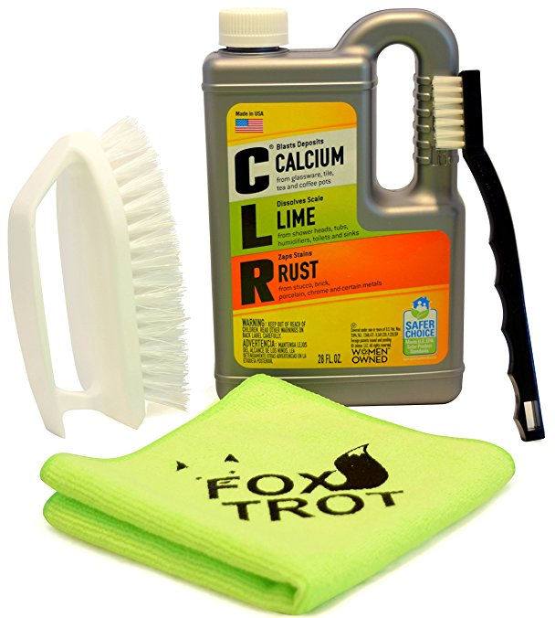 CLR Complete Cleaning Kit, Calcium Lime and Rust Removal System Includes 28oz CLR Bottle, 1 Handheld Heavy Duty Brush, 1 EZ Grip Thin Tip Vinyl Brush, 1 Professional Grade Foxtrot TM Microfiber Towel