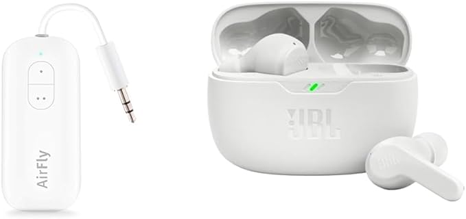 Twelve South AirFly Duo | Bluetooth Wireless Transmitter with Audio Sharing for up to 2 AirPods/Headphones & JBL Vibe Beam True Wireless Headphones - White, Small