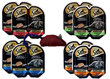 Sheba Perfect Portions Cuts In Gravy Premium Cat Food 4 Flavor 8 Can Variety with Toy Sampler Bundle, (2) each: Salmon, Turkey, Tuna Shrimp, Chicken (2.6 Ounces)