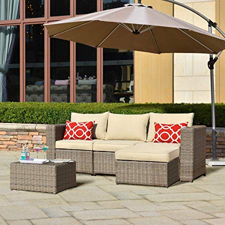ovios Patio furnitue, Outdoor Furniture 5 Piece Sets,Morden Wicker Patio Furniture sectional with 2 Pillow and Waterproof Covers,Backyard,Pool,Steel,Brown,Beige (5 Piece, Beige)