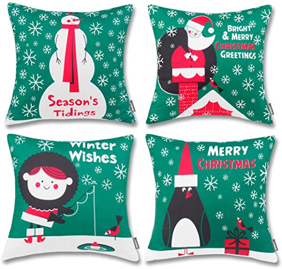 ONWAY Green Christmas Decorations Cartoon Christmas Decorative Pillow Covers 18x18 100% Polyester for Farmhouse Decor, Set of 4