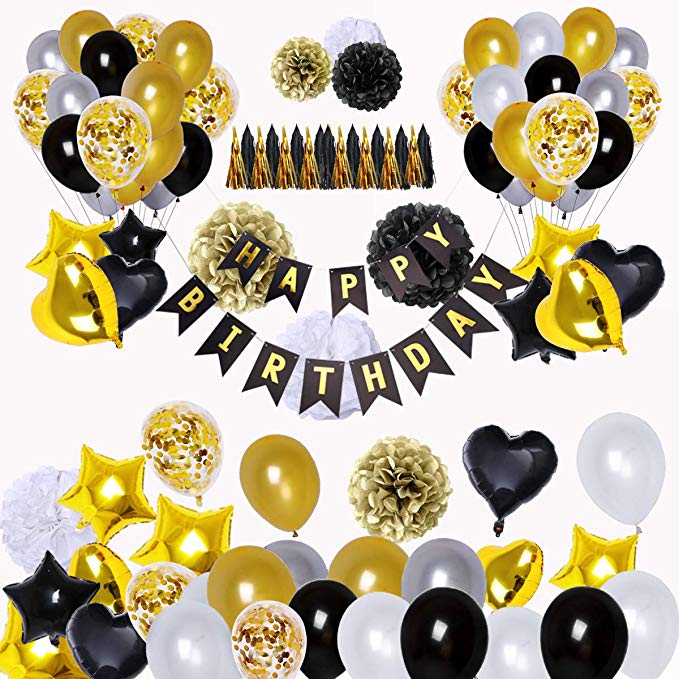 BRT Black and Gold Party Decorations(90Pcs) Happy Birthday Banner Star Heart Foil Balloons 18th 20th 30th 40th 50th 60th 70th Birthday Decorations Birthday Balloons