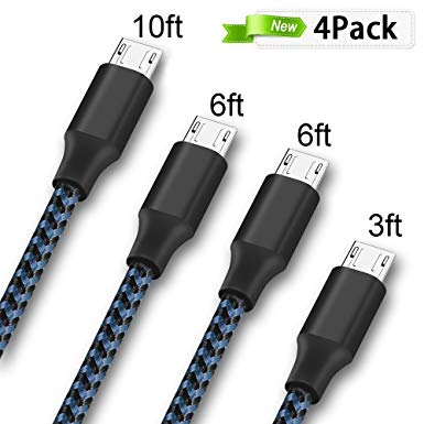 Airsspu Micro USB Cable,4Pack 3FT/6FT/6FT/10FT Long Premium Nylon Braided Android Charger USB to Micro USB Charging Cable Samsung Charger Cord for Samsung Galaxy S7 Edge/S7/S6/S4/S3,Note 5/4/3-blue