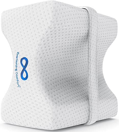 Everlasting Comfort Pure Memory Foam Knee Pillow with Adjustable and Removable Strap - Ear Plugs Included - Leg Pillow for Sleeping