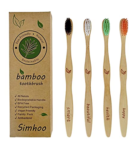 Simhoo 4-Pack Bamboo Toothbrushes Medium Hardness Bristles,Eco Friendly Toothbrush