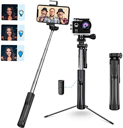 Selfie Stick Tripod, 3 Level Fill Light Selfie Stick, All in 1 Extendable Phone Tripod with Wireless Remote and Lightweight, Compatible with iPhone 12 12 Pro 11 11 Pro XS Max XR Galaxy Camera
