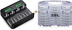 EBL LCD Universal Battery Charger with EBL Rechargeable Batteries Purple Super Power Battery Box Kit Include : 12 AA Batteries   8 AAA Batteries  2pcs C/D Adapters