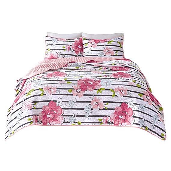 Comfort Spaces - Zoe Mini Quilt Set - 3 Piece - Pink - Adorable Ultra Soft Microfiber Printed in Cheerful Vibrant Multi-Color Floral Design - Queen Size, Includes 1 Coverlet and 2 Shams