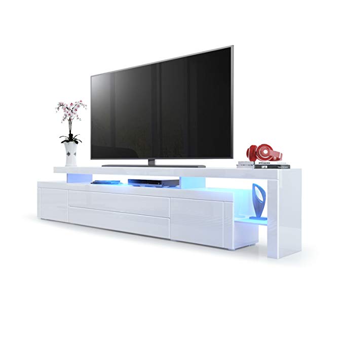 TV Stand Unit Leon V3, Carcass and raised stand in White High Gloss / Front in White High Gloss with a frame in White High Gloss with LED lighting