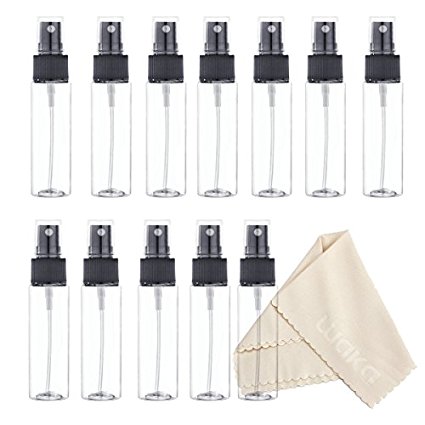 12 Pack Empty 1oz (30ml) Clear Plastic Fine Mist Spray Bottle for Cleaning, Travel, Essential Oils, Perfume   Microfiber Cleaning Cloth