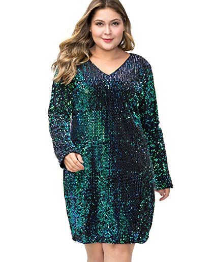 MS STYLE Women's Plus Size Glitter V-Neck Long Sleeve Bodycon Sequin Cocktail Party Club Sparkly Evening Mini Dress
