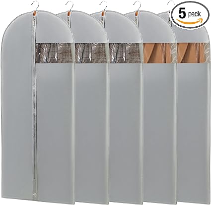 Perber 50" Garment Bag, Mens Suit Bags for Closet Storage and Travel, Garment Bags for Hanging Clothes, Foldable Suit Cover Bags with Clear Window for Coats, Jackets, Dresses - Gray/ 5 Packs