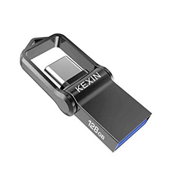 KEXIN 128GB Type C USB Flash Drive 3.0 Metal Dual Drive Pocket-Size OTG Memory Stick for Type-C Android Smartphones Tablets, New MacBook, Samsung Galaxy S8, S8 Plus, Note 8, Black