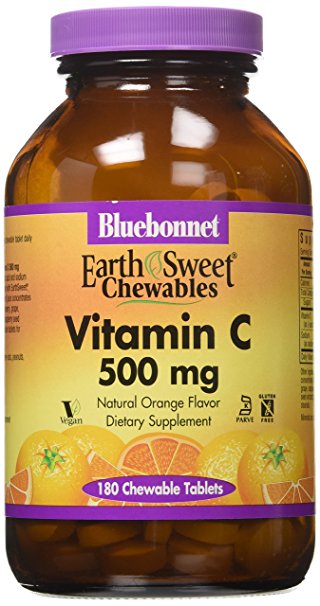 Bluebonnet Earth Sweet Vitamin C 500 mg Chewable Tablets, Orange, 180 Count