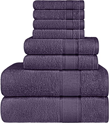 Adobella 8pcs Premium Turkish Bath Collection Towels, 100% Combed Turkish Cotton, 600 GSM, Super Plush, Ultra Absorbent, Includes 2 Bath Towels, 2 Hand Towels and 4 Washcloths, Purple (Set of 8)