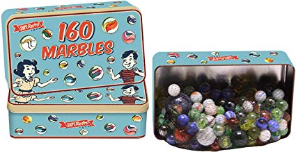 KandyToys 160 Traditional Assorted Colorful Classic Retro Glass Marbles In a Tin Kids Game