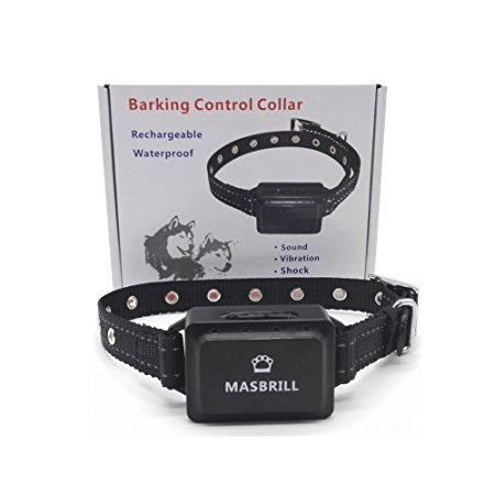 Rechargeable NO Bark Collar Waterproof Dog Barking Control Training Collar with 7 Sensitivity Adjustable Levels- MASBRILL Warning Sound Shock Vibration Humane Anti Bark Device For Dogs 11- 110 lb