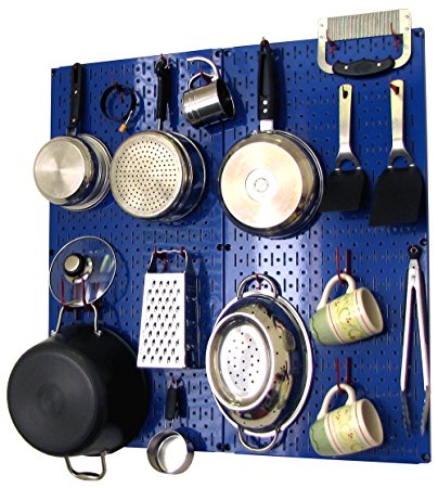 Wall Control Kitchen Pegboard Storage Organizer Kit Pots and Pans Rack - Blue Pegboard with Red Hooks