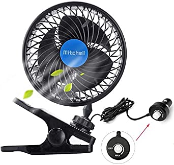 QIFUN 12V & 24V Universal Electric Car Clip Fan, 6 Inches Cooling Vehicle Fan, 360° Rotatable Stepless Speed Regulation Fan with Cigarette Lighter Plug for Vehicles, SUV, RV, Boat