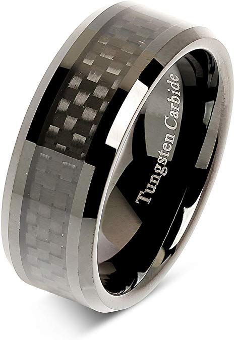 100S JEWELRY 8mm Tungsten Carbide Ring Carbon Fiber Inlay Black Plated Wedding Band Size 6-16