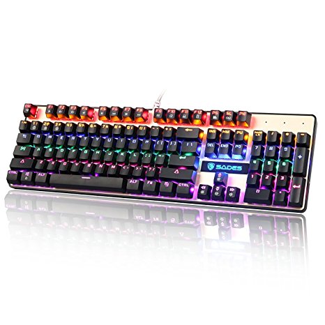 [2017 Newly Updated ]SADES K10 LED Backlit Wired USB Mechanical Gaming Keyboard Metal Panel with Blue Switches(Black&Gold)