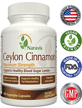 Naravis Ceylon Cinnamon - 1200mg per Serving - 180 Veggie Capsules - True Cinnamon - Native to Sri Lanka - Promotes Healthy Blood Sugar Level - Heart Health - Weight Loss - Antioxidant Supplement