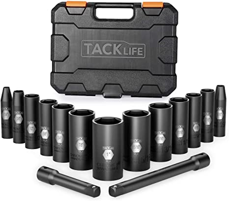 Tacklife 3/8-Inch Drive Deep Impact Socket Set, SAE, CR-V Steel, 6-Point, Heavy Duty Storage Case, 15pcs 3" and 6" extensions -HIS5A