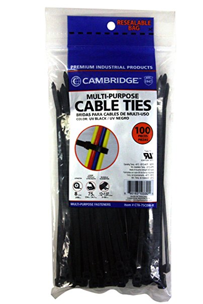 Cambridge 100 pcs- 8" 75 Lbs Tensile Strength, Standard Duty Nylon Cable Ties, UV Black