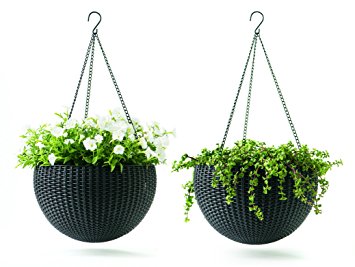 Keter Dia 13.8 in. Round Plastic Resin Garden Plant Hanging Planters Decor Pots 2 pc, Brown