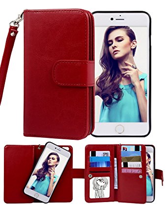 iPhone 6 Case, Crosspace Flip Wallet Case Premium PU Leather 2-in-1 Protective Magnetic Shell with Credit Card Holder/Slots and Wrist Lanyard for Apple Iphone 6 4.7inch (Red)