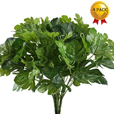 Artificial Plants, Nahuaa 4PCS UV Protected Silk Tropical Palm Leaves Fake Greenery Shrubs Faux Bush Bundle Indoor Outdoor Home Kitchen Office Windowsill Table Centerpieces Arrangements Spring Decorat