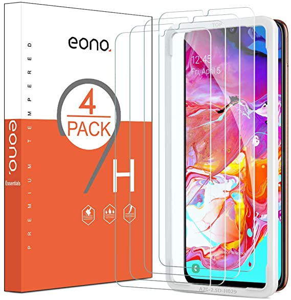 EONO by Amazon - [4 Pack] Screen Protectors for Samsung Galaxy A70, Tempered Glass Film with [Alignment Frame][Anti-Scratch][ No Bubbles][Case Friendly][Easy Installation]