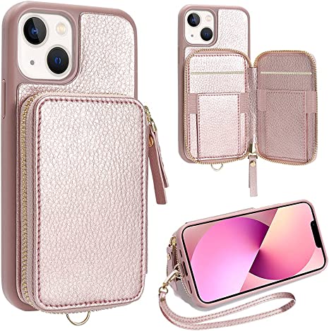ZVE iPhone 13 Wallet Case with RFID Credit Cards Holder, Zipper Leather Case with Wrist Strap, Handbag Case Protective Cover for Women Compatible with iPhone 13 6.1" (2021) - Rose Gold