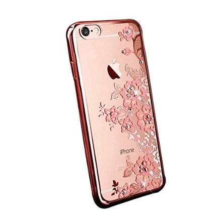 6 Plus Bling Case, Fyee [Lace Flower Series] Slim Dual Flexible TPU Rubber Back Cover with Pink Flower and Bling Glitter Stone Diamond LuxuryCase for iPhone 6 Plus/ 6s Plus 5.5 inch - Rose Gold Edge