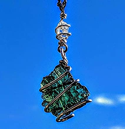 MOLDAVITE & Herkimer Diamond Necklace Wire Wrap 925 Silver! 19" Metaphysical Reiki Amulet Synergy 12 Genuine Crystal Pendant Tektite Meteorite!