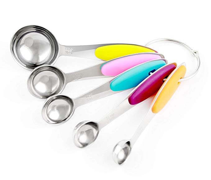 Measuring Spoon, Toptier Premium Stainless Steel Measuring Spoons Set [5-Piece] Utensils with Anti-Slip Colorful Rainbow Silicone Handles for Baking | Cooking Liquid & Dry Ingredients - Nesting Spoons