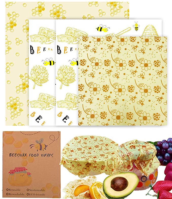 OrgaWise Beeswax Wrap, Set of 4 Reusable Food Wraps Eco Friendly Alternative to Cling Film and Plastic, 4 Mixed Sizes and Designs Wrap for Cheese, Fruit, Vegetable and Bread (4PCS)