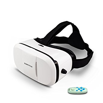 SUNNYPEAK Plastic PD & FD Adjustable VR Virtual Reality Headset Google Cardboard Video Games Glasses To Get Immersive 3D Experience for iPhone 6 Samsung LG Moto HTC Sony & Bluetooth Remote (White)