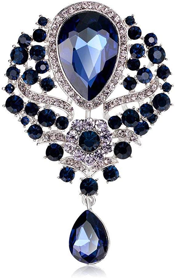 Reizteko Wedding Bridal Big Crystal Rhinestone Bouquet Brooch Pin for Women (dark blue)